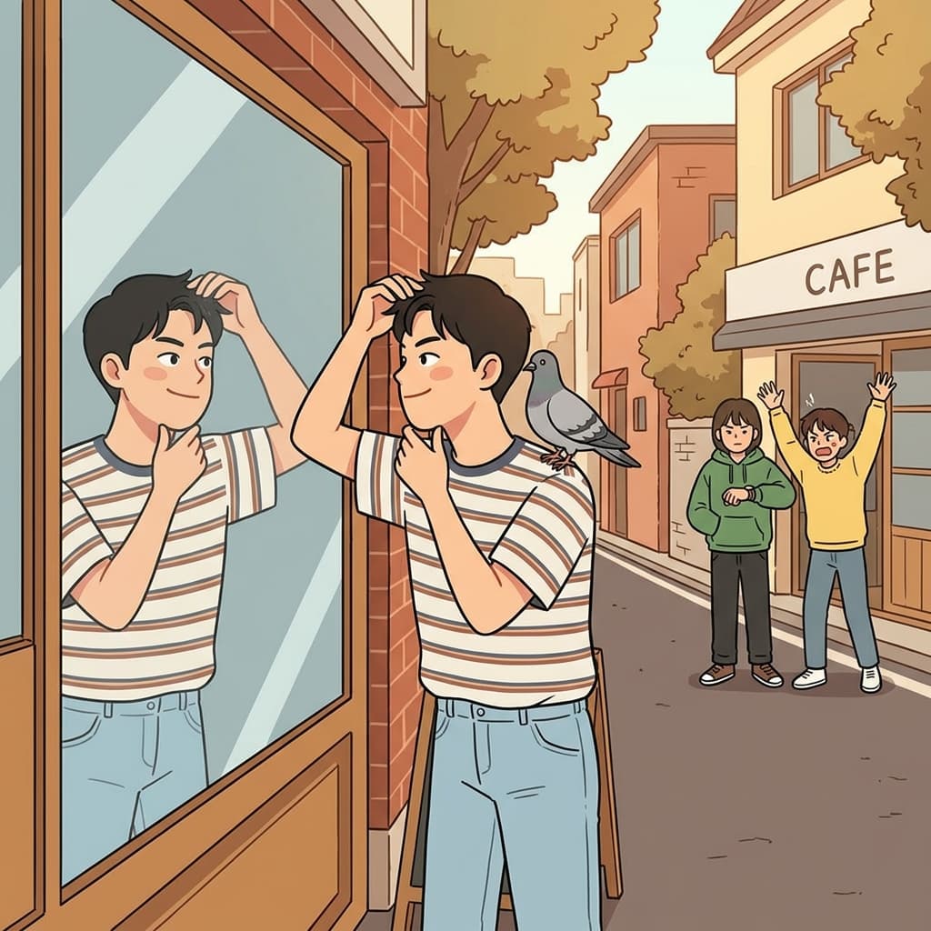 His self-absorption keeps him staring at his own reflection while friends wait outside.