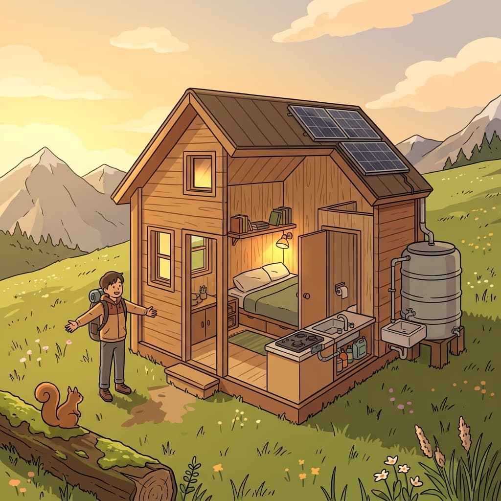 The tiny cabin is self-contained, with its own water, power, and kitchen inside.