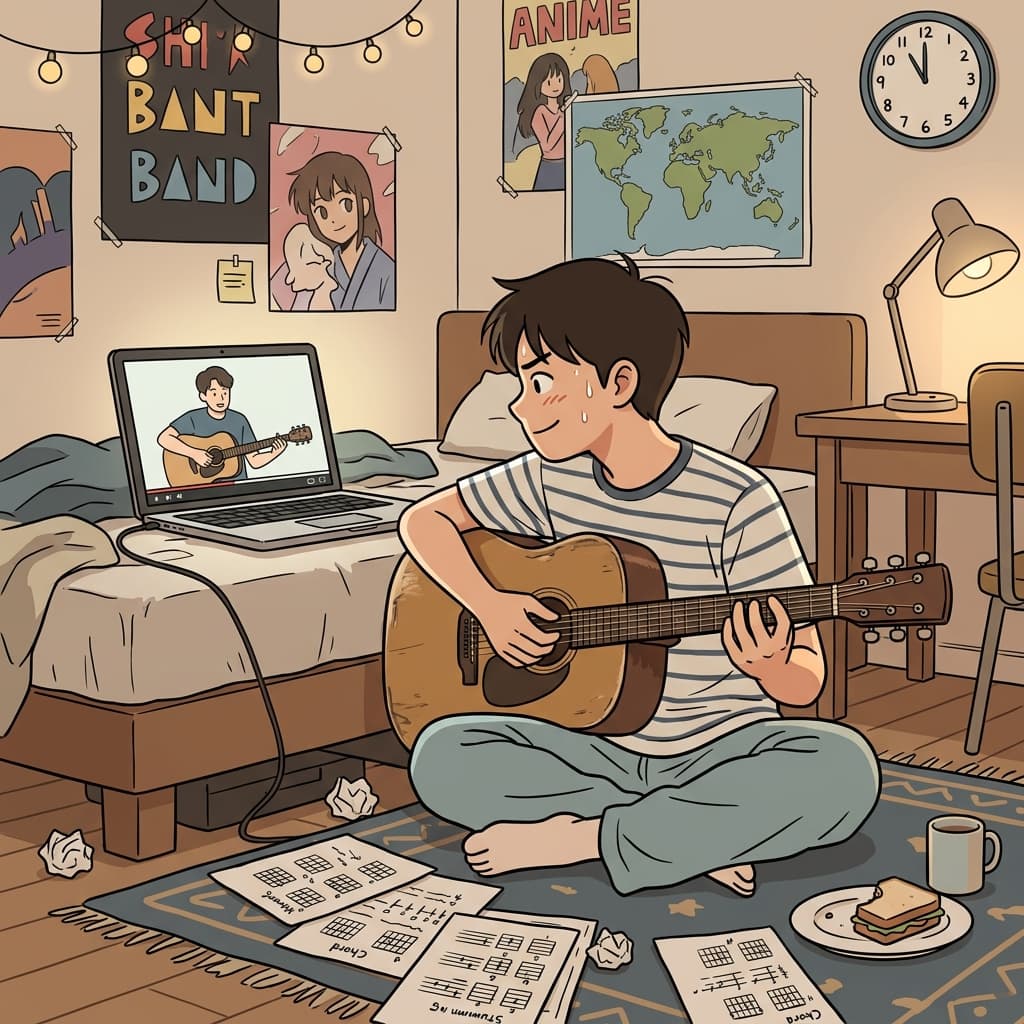 He is self-taught — learned guitar entirely from YouTube videos in his bedroom.