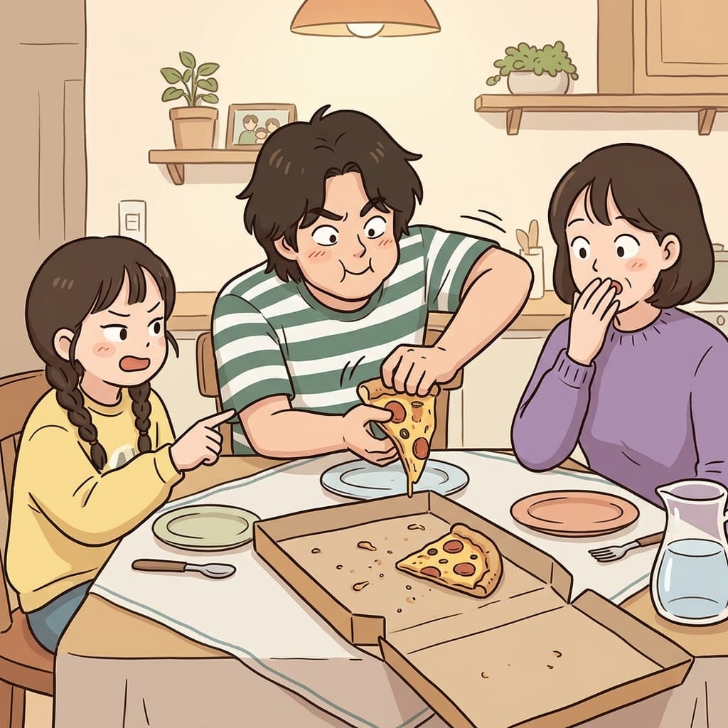 He grabbed the last slice, ignoring his selfish move in front of everyone.