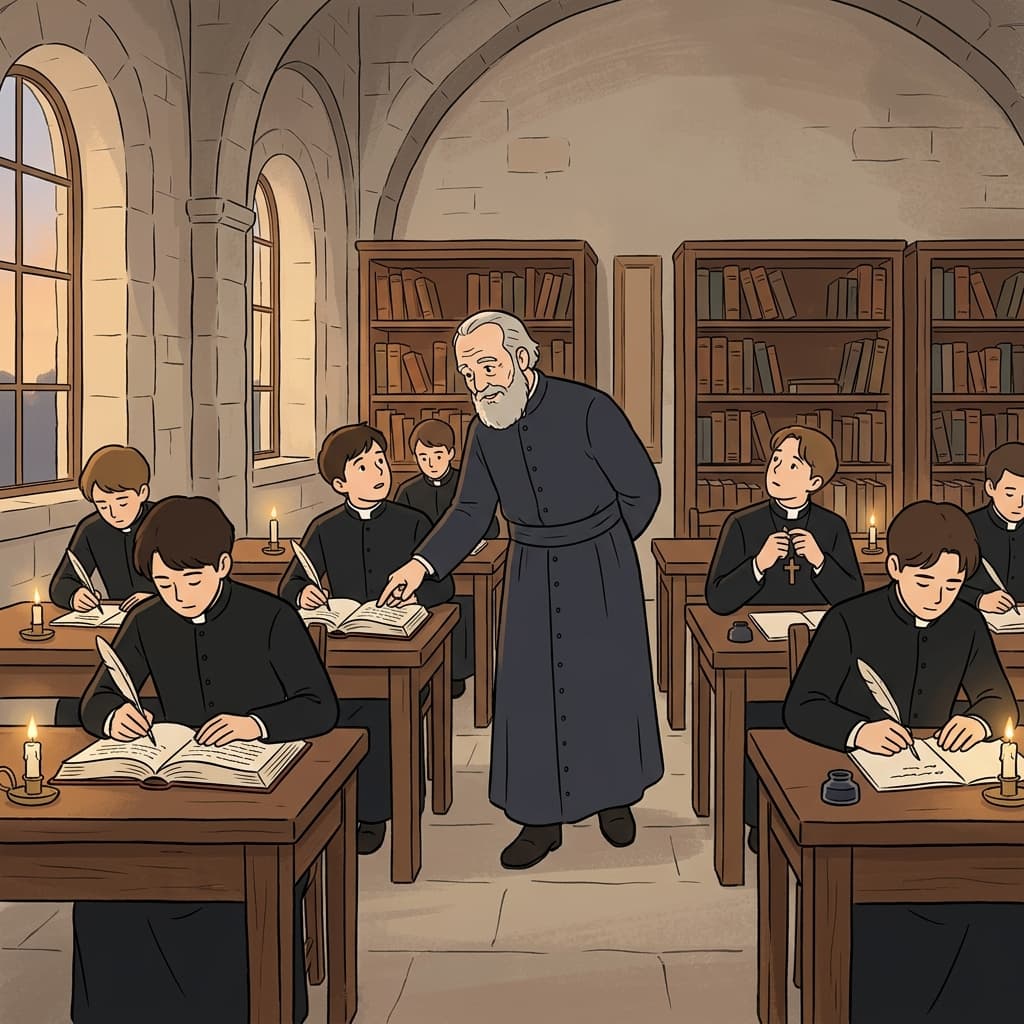 Young men study scripture at the seminary, preparing for priesthood under candlelight.