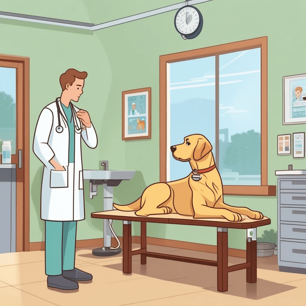 a golden retriever sits on the examination table, actively watching and responding to the veterinarian's movements. The dog's eyes follow the stethoscope as it approaches, showing clear understanding of what's happening. When the vet gently places the stethoscope on the dog's chest, the animal remains calm and cooperative. The dog's ears perk up at the sound of the vet's soothing voice, demonstrating active listening. The veterinarian smiles warmly, recognizing the dog's intelligent responses and emotional awareness. a creature that is able to perceive and feel things with consciousness and awareness
