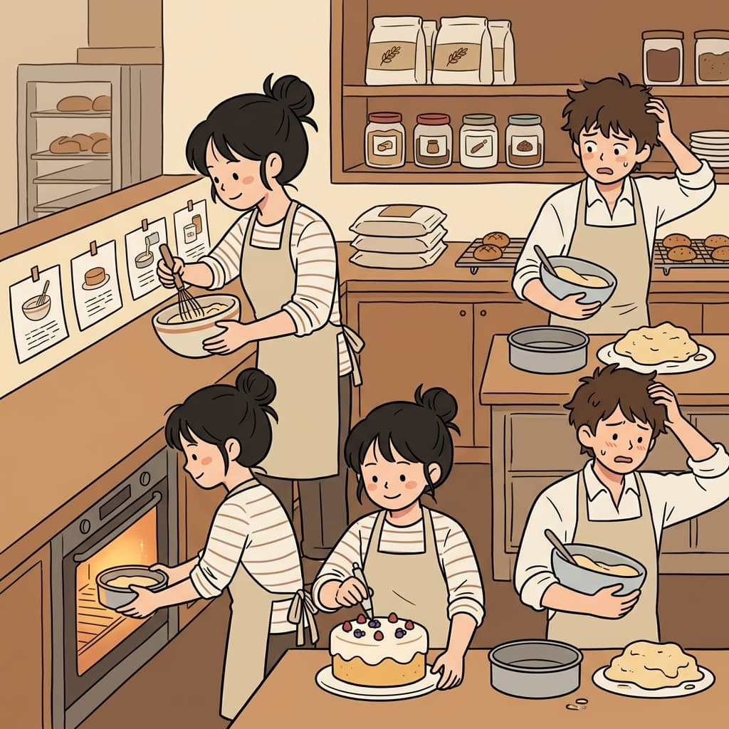 The baker followed the recipe sequentially, mixing the ingredients, pouring the batter, baking the cake, and decorating it.