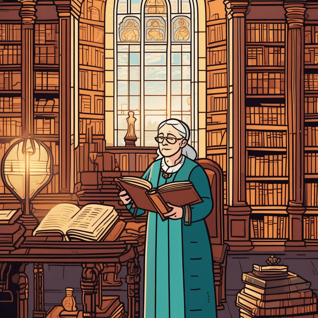 She serves as guardian while we observe how books preserve wisdom!