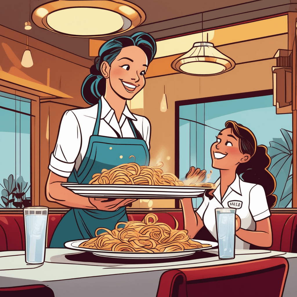 a friendly waitress carefully places steaming plates of food in front of seated customers at their table. She holds a tray with one hand while setting down dishes with the other. The hot meal creates small wisps of steam that rise from the colorful food. The customers smile appreciatively as they receive their dinner, reaching for their napkins and utensils. A second waitress moves between nearby tables carrying drinks and plates. someone providing food and drinks to people