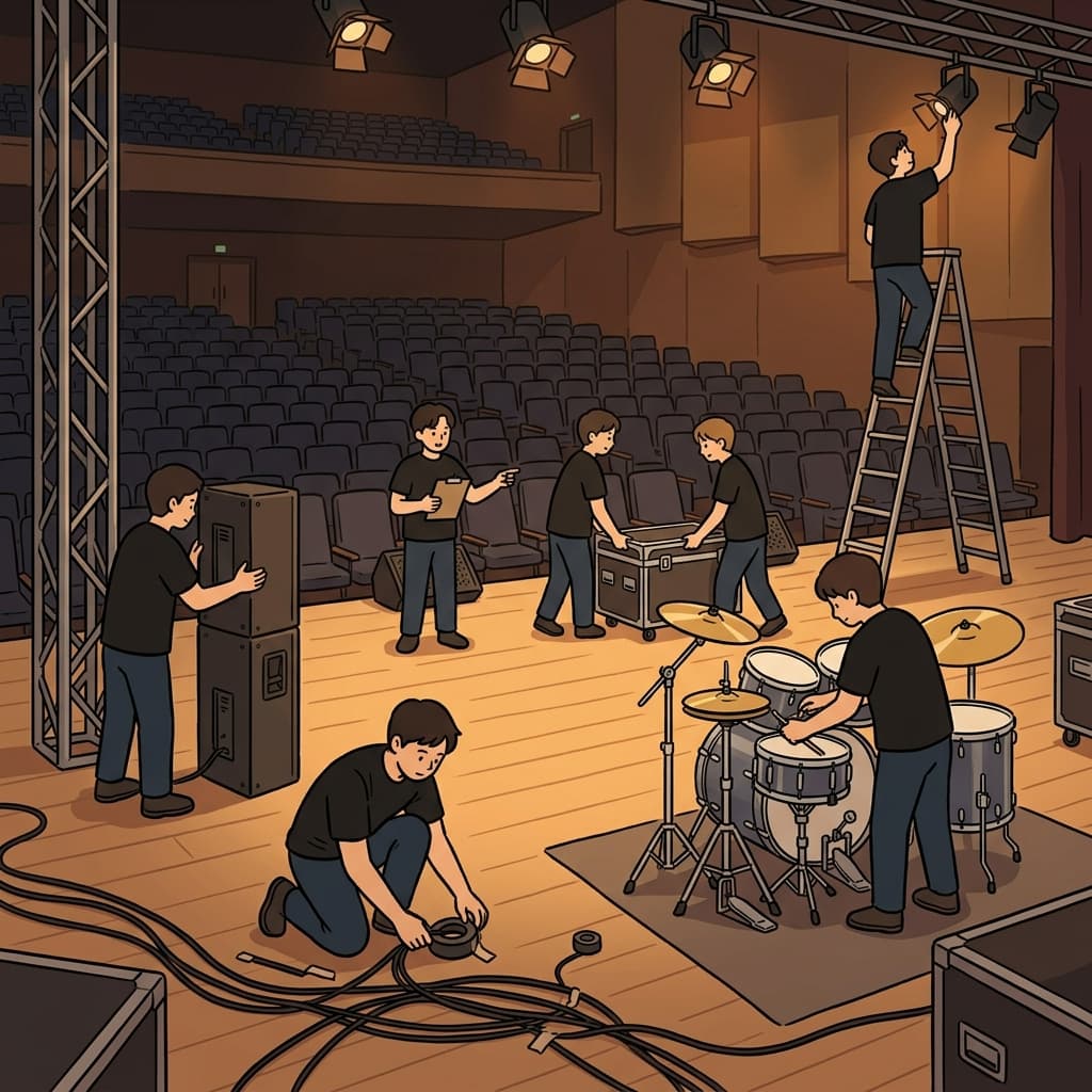 The stage setup took three hours before the concert began.