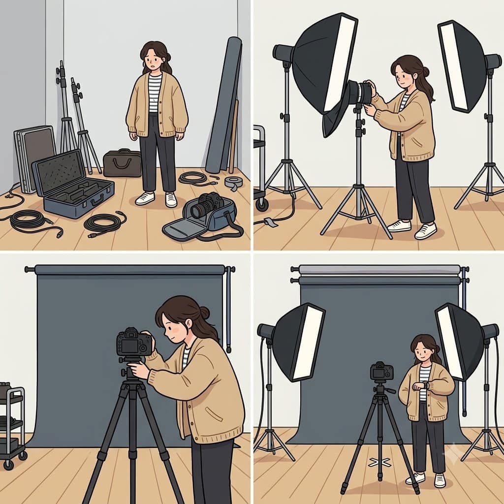 The photographer carefully set up the lights and camera before the portrait session began. (set = put/place + up = into position → setup = an arrangement or preparation)