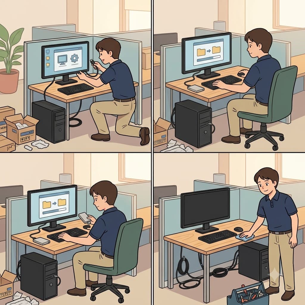 After the computer setup, the technician made a backup and completed the final wrap-up before leaving the office.