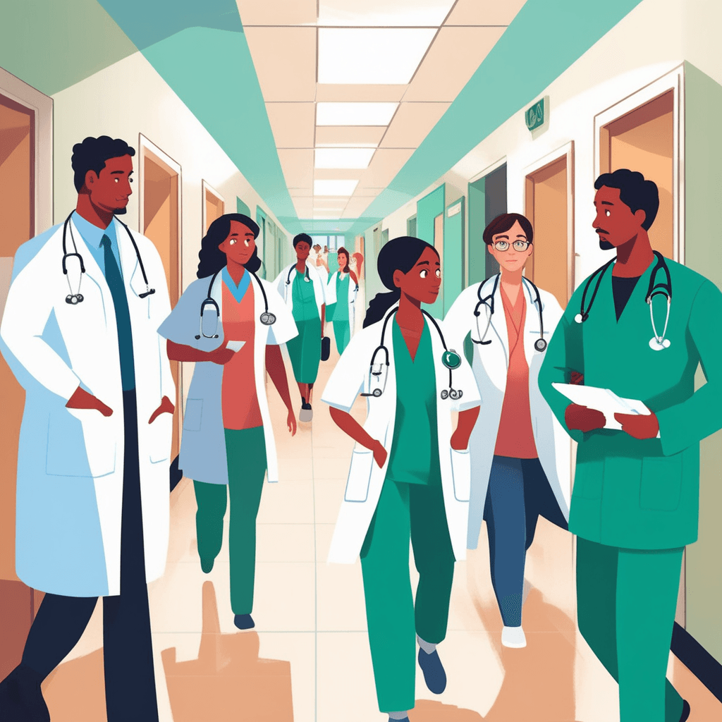 a young medical student walks directly behind an experienced doctor, watching every movement carefully. The student holds a clipboard and mirrors the doctor's posture as they move down the hallway. The senior doctor stops at a patient's door and demonstrates proper technique for checking charts. The student leans in close, taking notes and copying the exact same hand positions and procedures. Other hospital staff notice the pair working together as the learning process unfolds. Nurses and orderlies move around them while the teaching moment continues. the practice of following and observing someone closely to learn from them