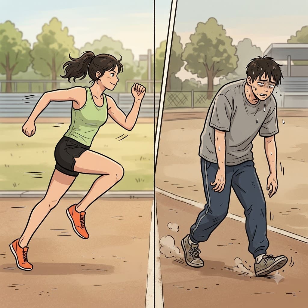While the energetic athlete sprinted flawlessly, the exhausted man could only shamble across the finish line with dragging feet.
