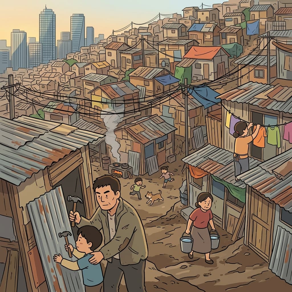 Families in the shantytown build homes from scrap metal on the muddy hillside.