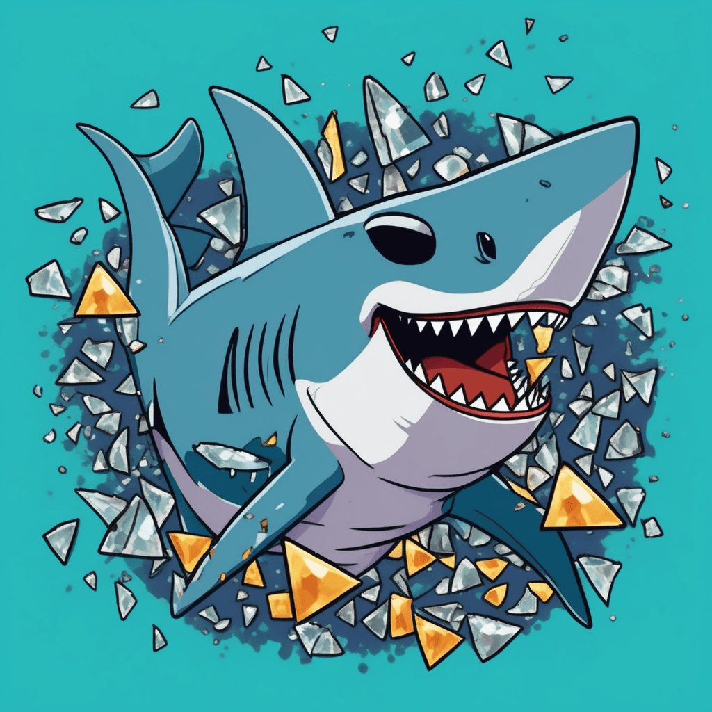Shark holds a sharp D-shaped glass shard - dangerous and jagged!