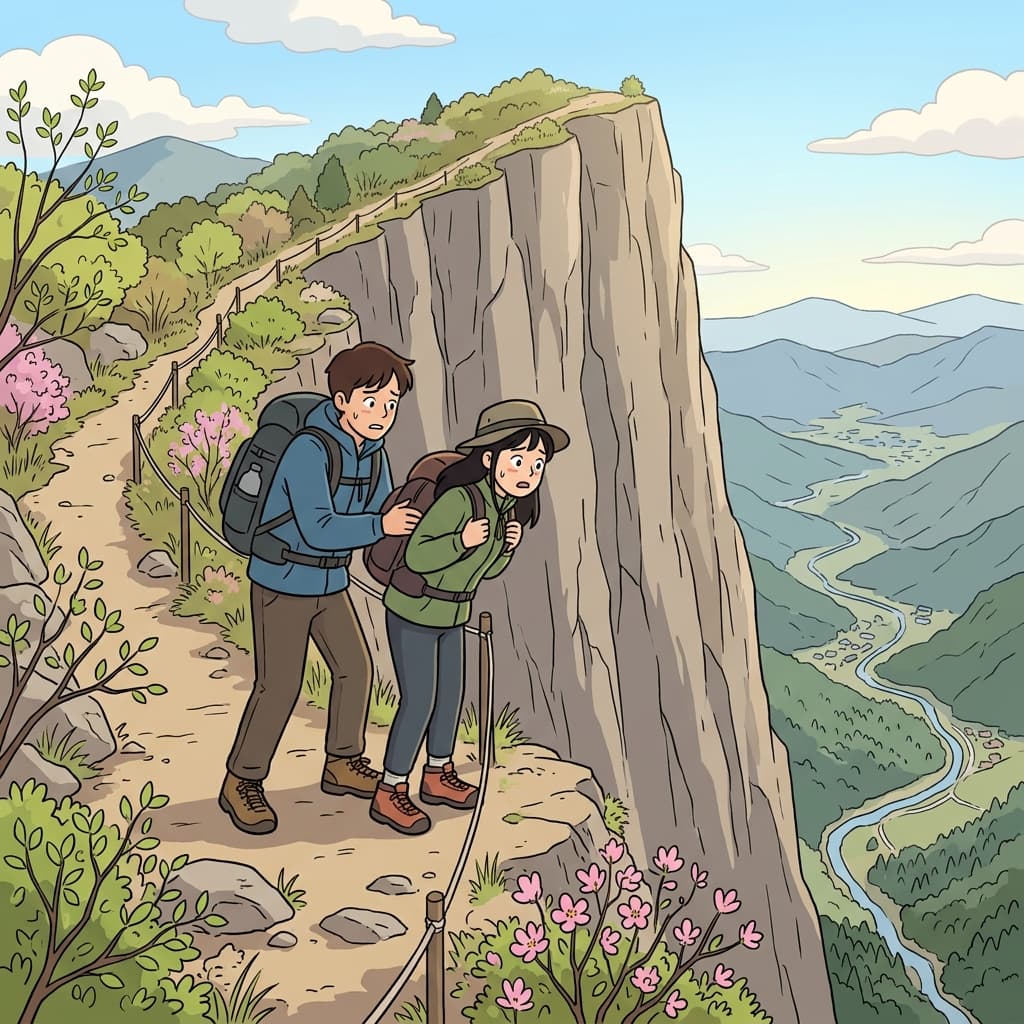 The hikers stopped near the sheer drop before fear made them step back.