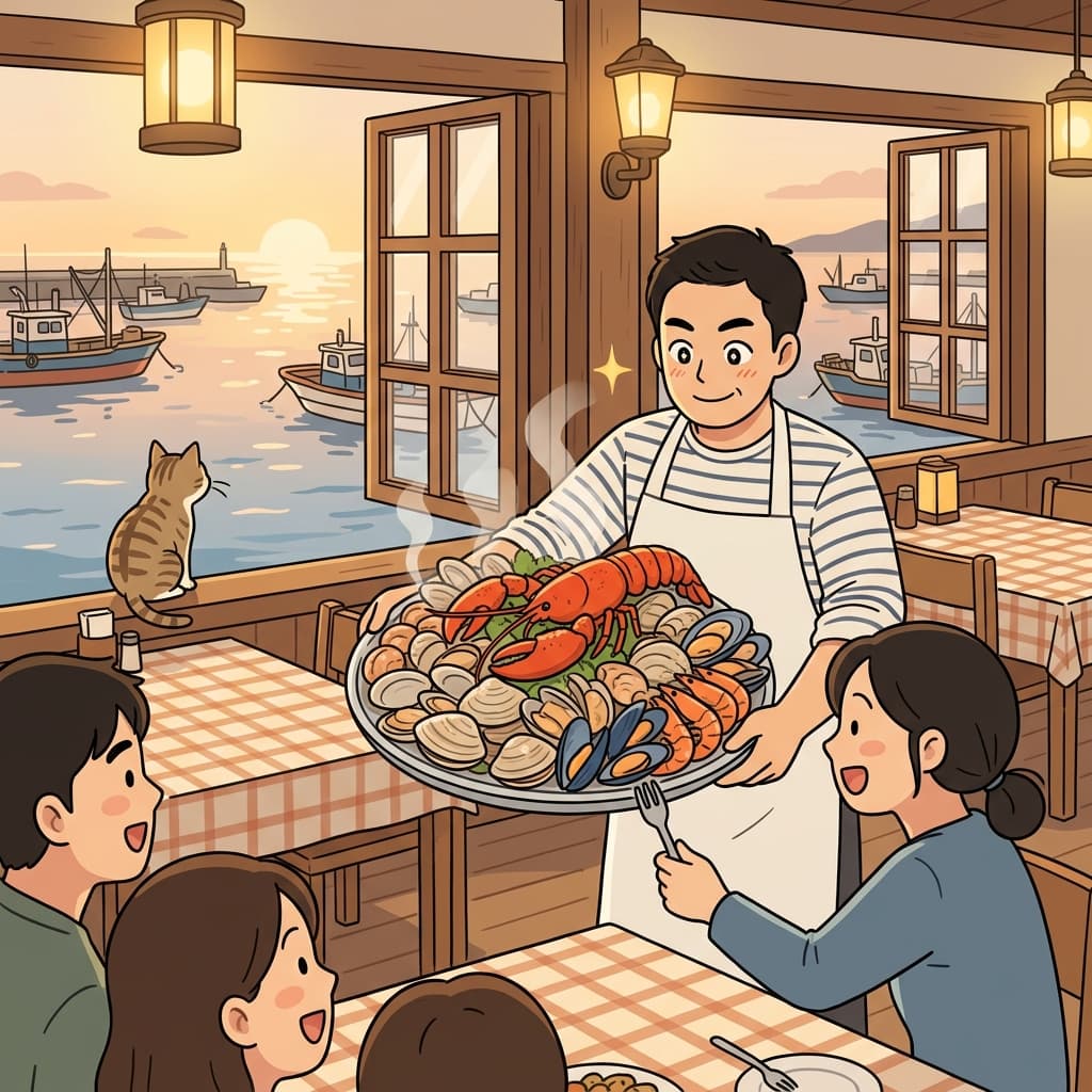 The chef proudly presents a platter of fresh shellfish at the harbor restaurant.