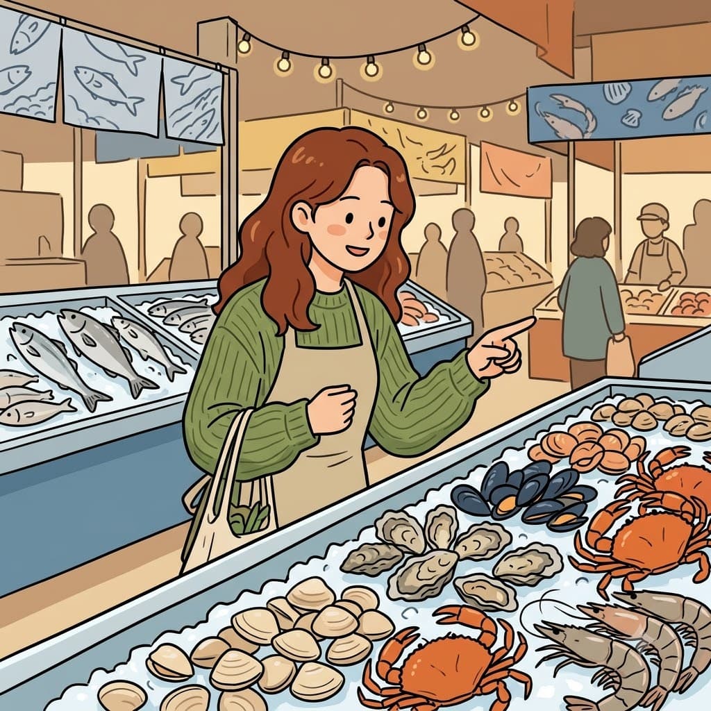 At the seafood counter, she chose shellfish with hard outer shells instead of a whole fish. (SHELL = a hard outer covering + FISH = a sea animal / seafood)