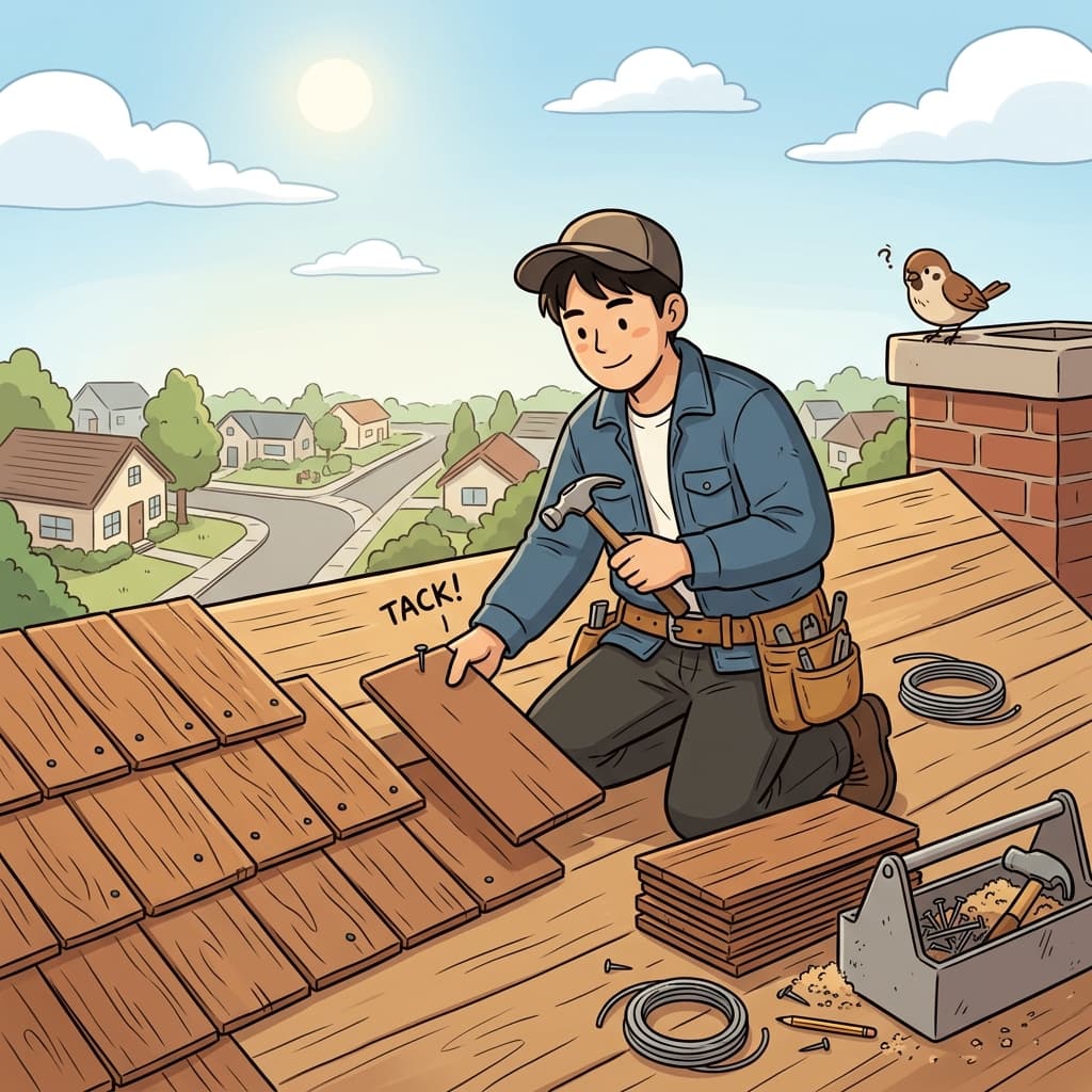 The roofer nails a fresh shingle onto the sunny suburban rooftop.