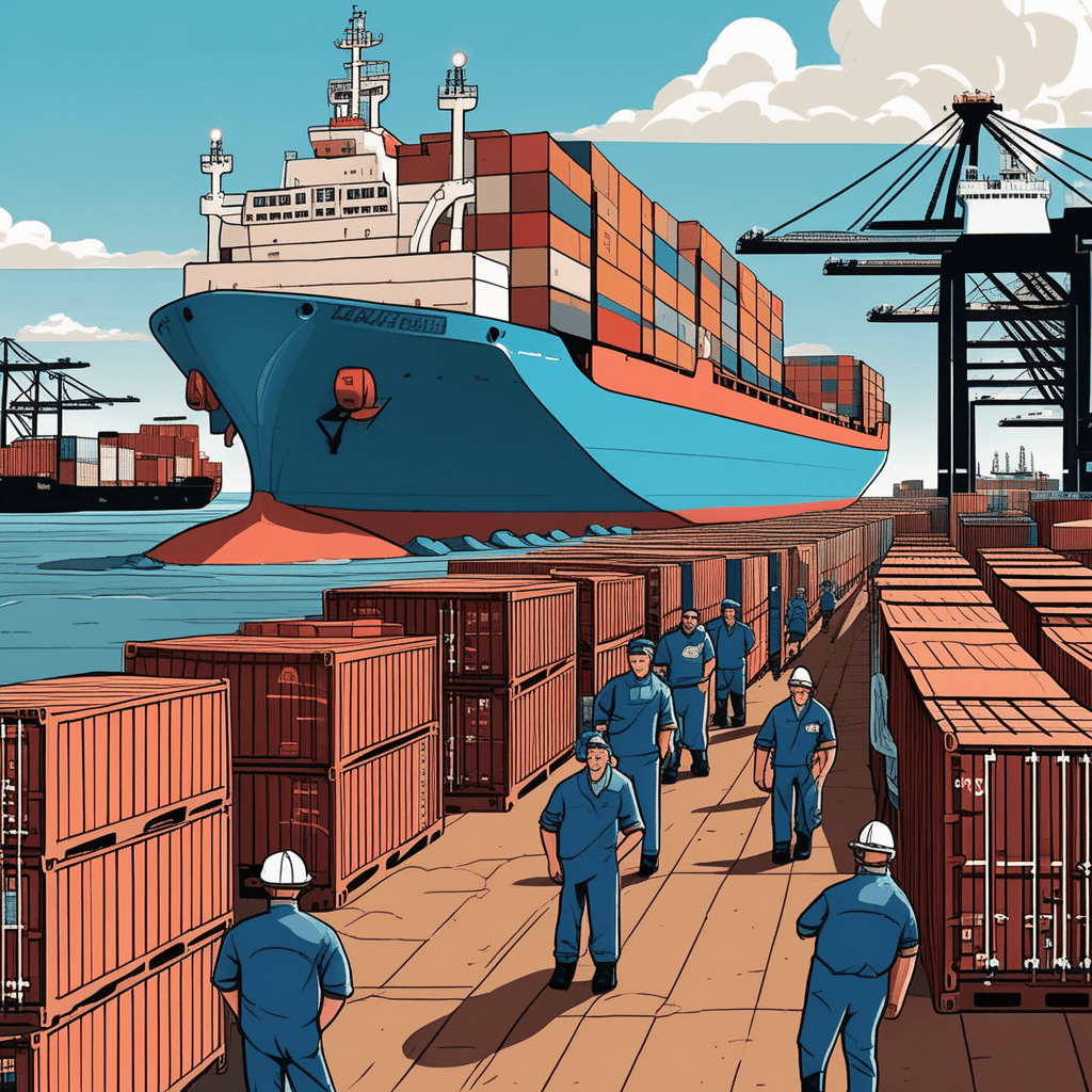A massive cargo ship loads containers at the busy port