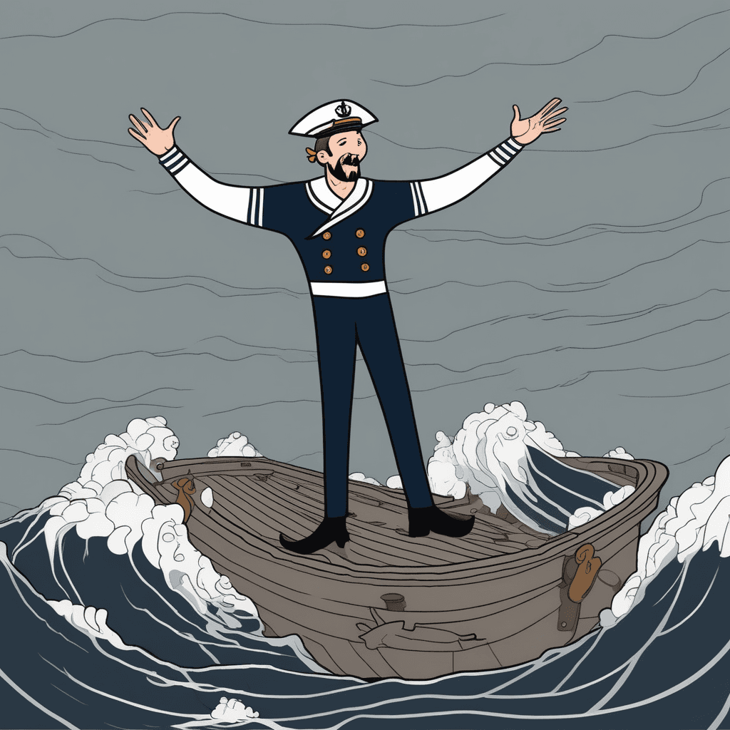 On the shipwreck's deck, he cranes his neck for help!