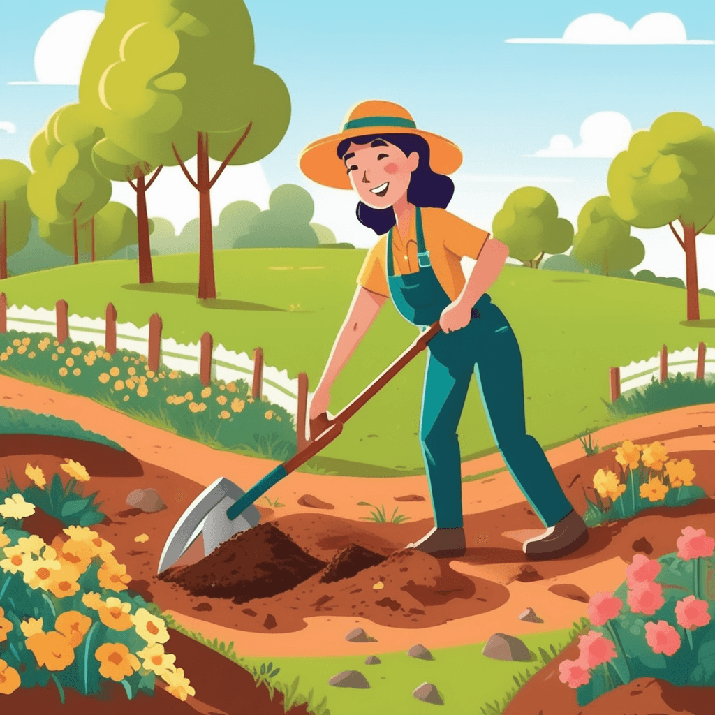a cheerful gardener grips a long-handled tool with a broad flat metal blade and pushes it deep into the soil. She lifts the tool upward, carrying a large scoop of dark earth on the wide blade surface. The freshly dug soil falls off the blade into a neat pile beside a small flowering plant. More loose earth scatters around the digging area as she continues working. A young child watches nearby, holding a small watering can and pointing excitedly at the growing hole. Another family member kneels beside planted seedlings, arranging them in prepared holes. a tool with a broad flat blade and long handle being used for digging and moving earth