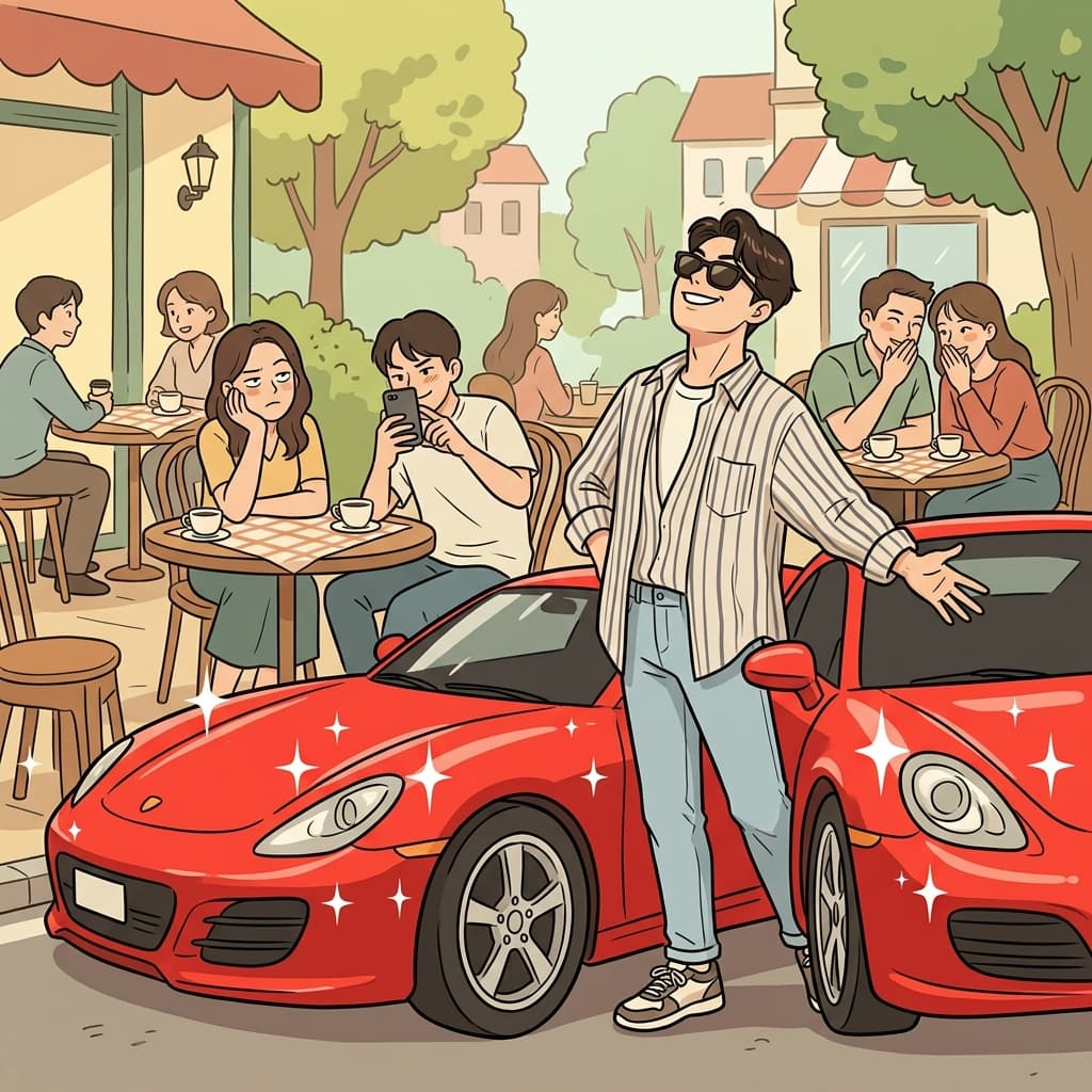 He loves to show off his new sports car to everyone at the cafe.