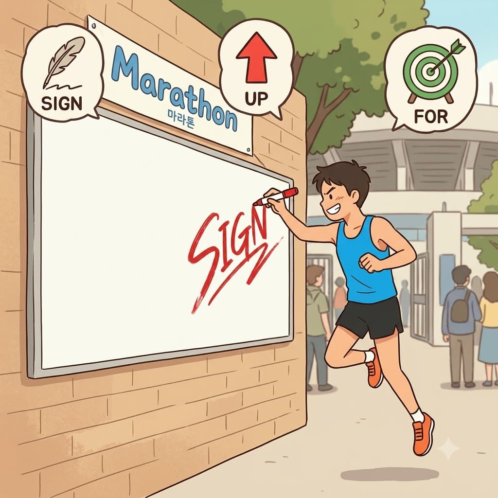 SIGN(signature) + UP(onto) + FOR(purpose) — by aggressively putting his SIGN(signature) UP(onto) the board FOR(purpose) the marathon, he officially managed to sign up for the race.