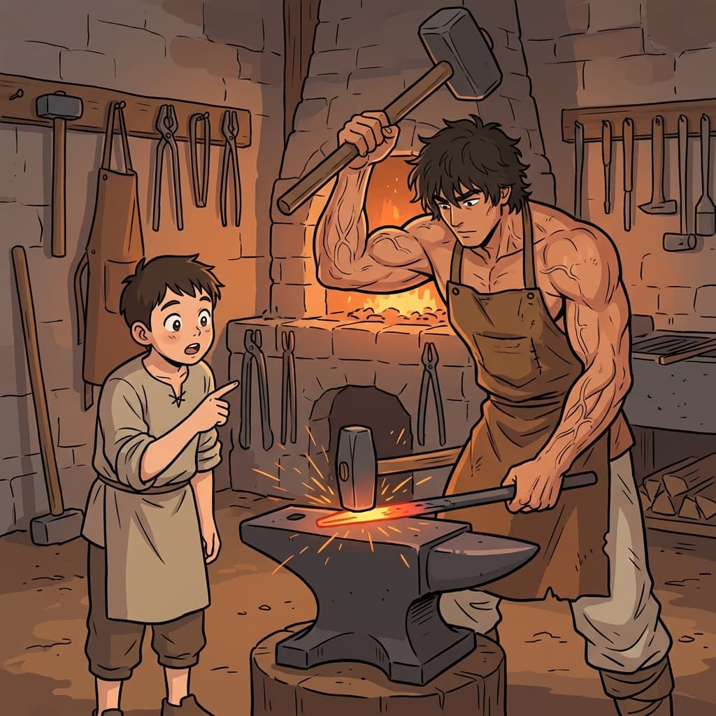 The blacksmith's arms bulge with sinew as he hammers the glowing iron.