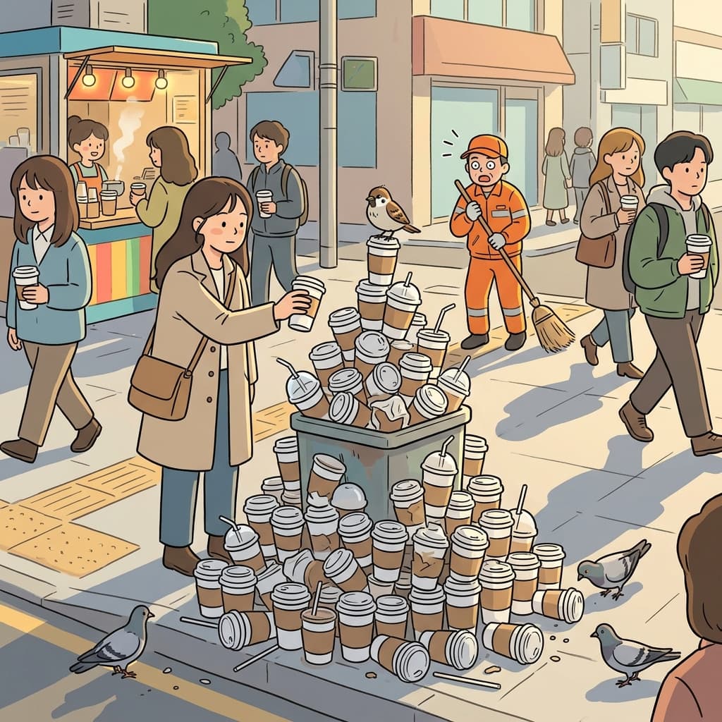 She grabs a single-use coffee cup, tosses it, and the bin overflows.