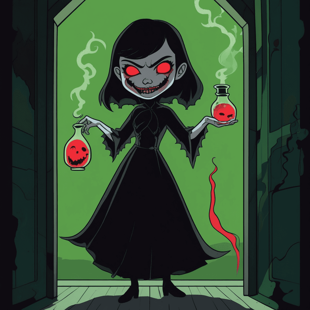 Sin sister schemes with sinister grin — evil plots begin!