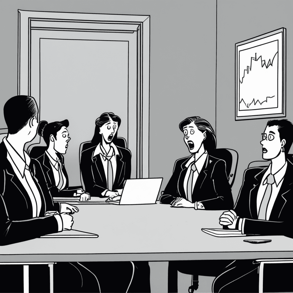 Trying to sit in on the meeting, but her blazer doesn't fit and she hit the table!