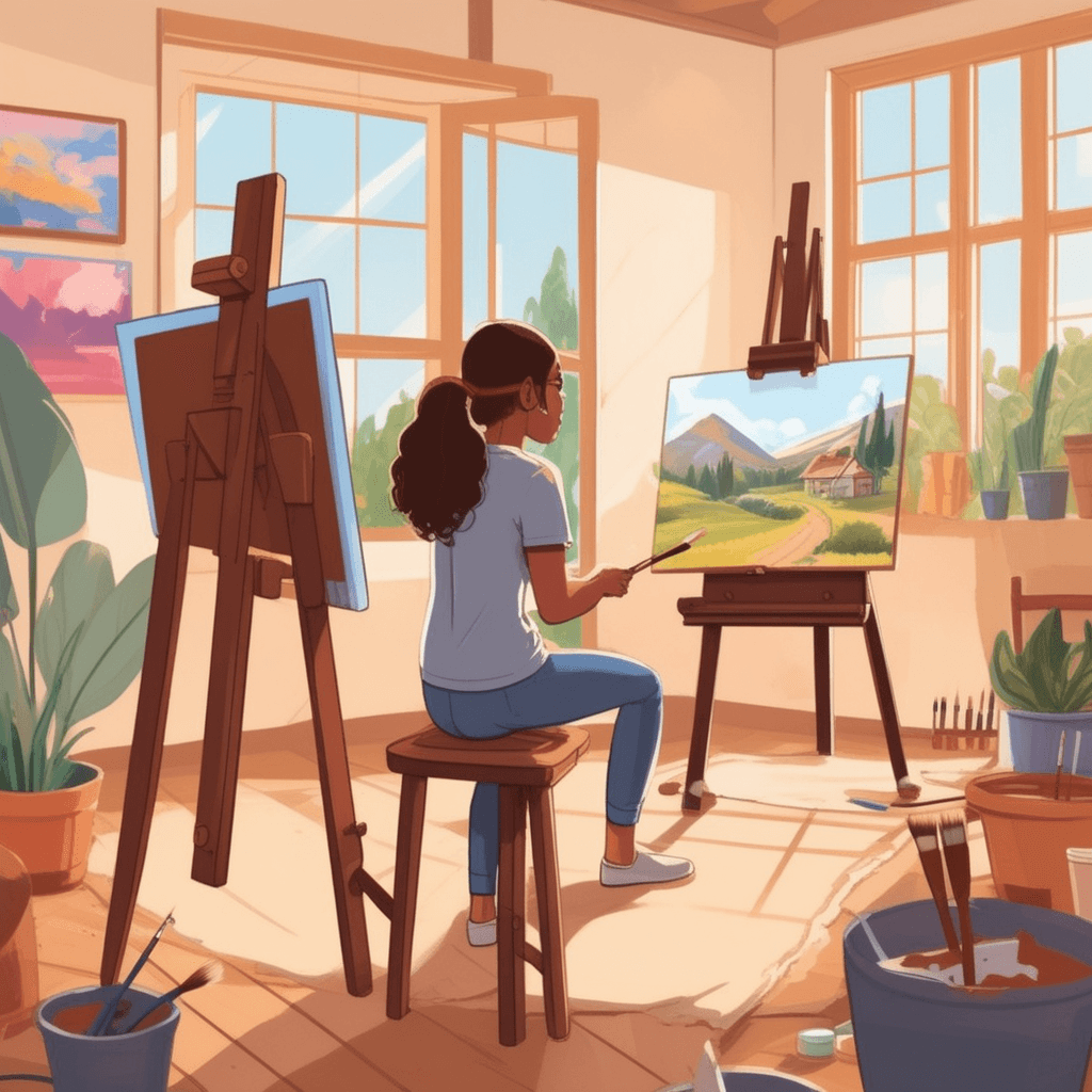 a young artist sits on a wooden stool in front of her easel, brush in hand as she carefully adds details to her canvas. She has been painting for hours, with multiple finished sketches scattered around her feet showing her progress. Empty coffee cups and used paint tubes nearby indicate the long duration of her creative work session. Her art teacher stands behind her, quietly observing the detailed portrait taking shape on the canvas. a continuous period of being seated for the specific purpose of creating art