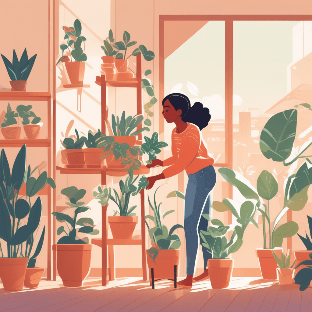 A woman carefully situates a potted plant on a wooden shelf in her bright home