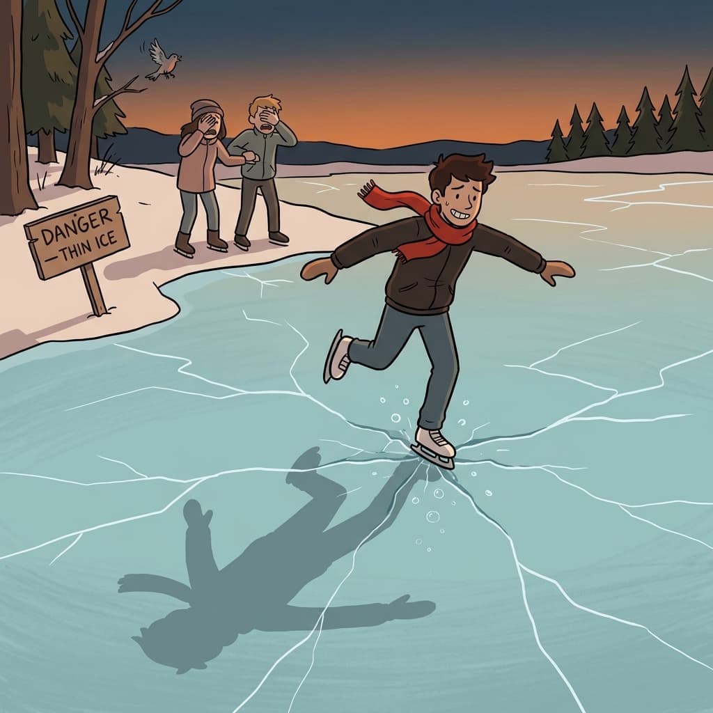 He's about to skate on thin ice by lying to his boss again.