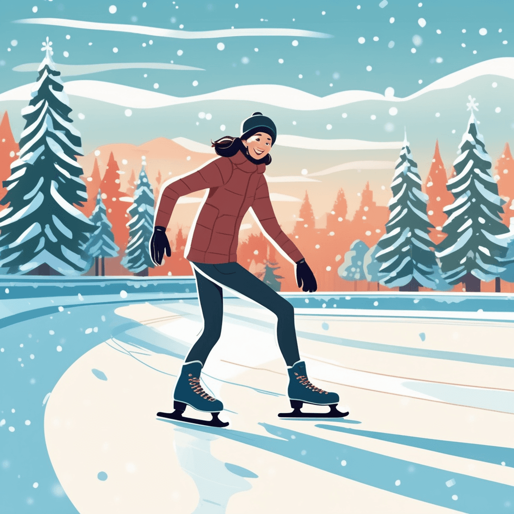 a young person glides gracefully across the ice wearing figure skates with shiny metal blades. They push off with one foot and lean into a smooth turn, their arms extended for balance. The motion creates thin lines in the ice surface where the blades cut through. Other skaters move around the rink in the background, some wobbling as they learn. Spectators along the rink's edge watch the skaters with warm smiles and encouraging gestures. people moving over ice wearing special boots with blades, gliding smoothly across the frozen surface