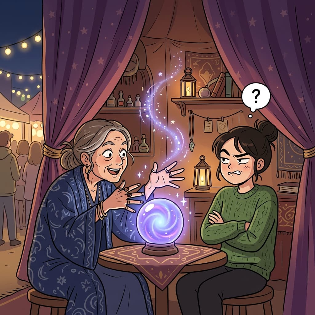 The skeptic raises an eyebrow at the fortune teller's dramatic predictions.