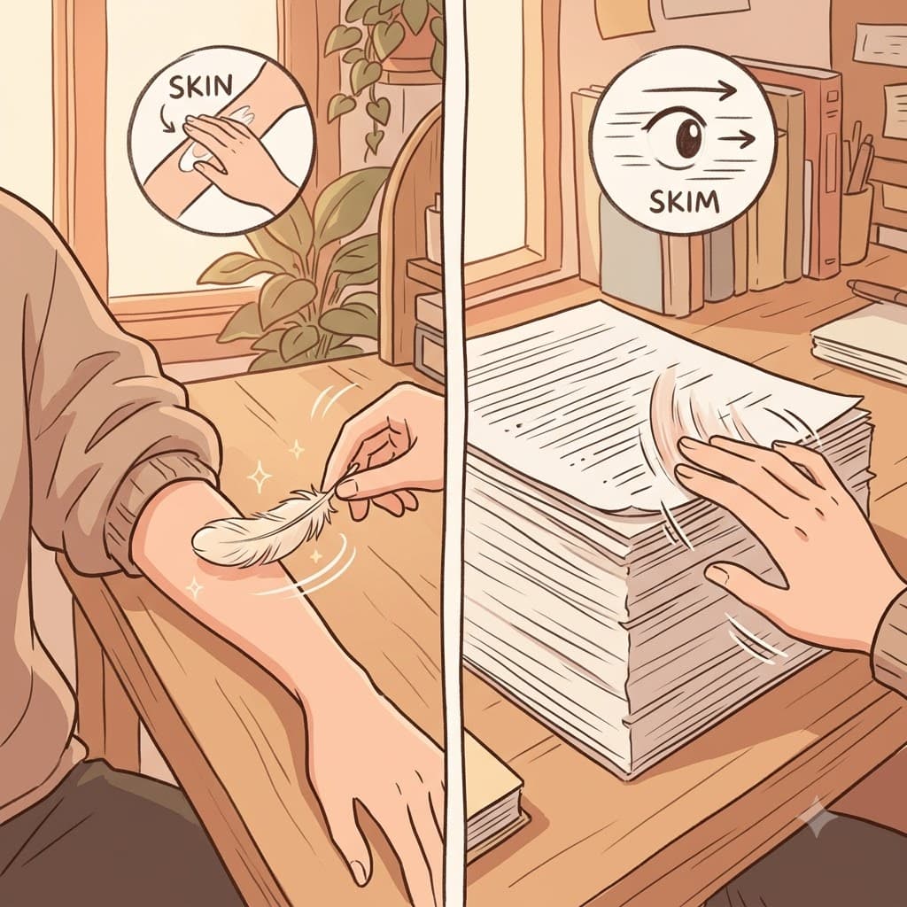 SKIM (sounds like SKIN/surface) — just like a lotion lightly touches the outer SKIN (surface), he only managed to skim the surface of the document.
