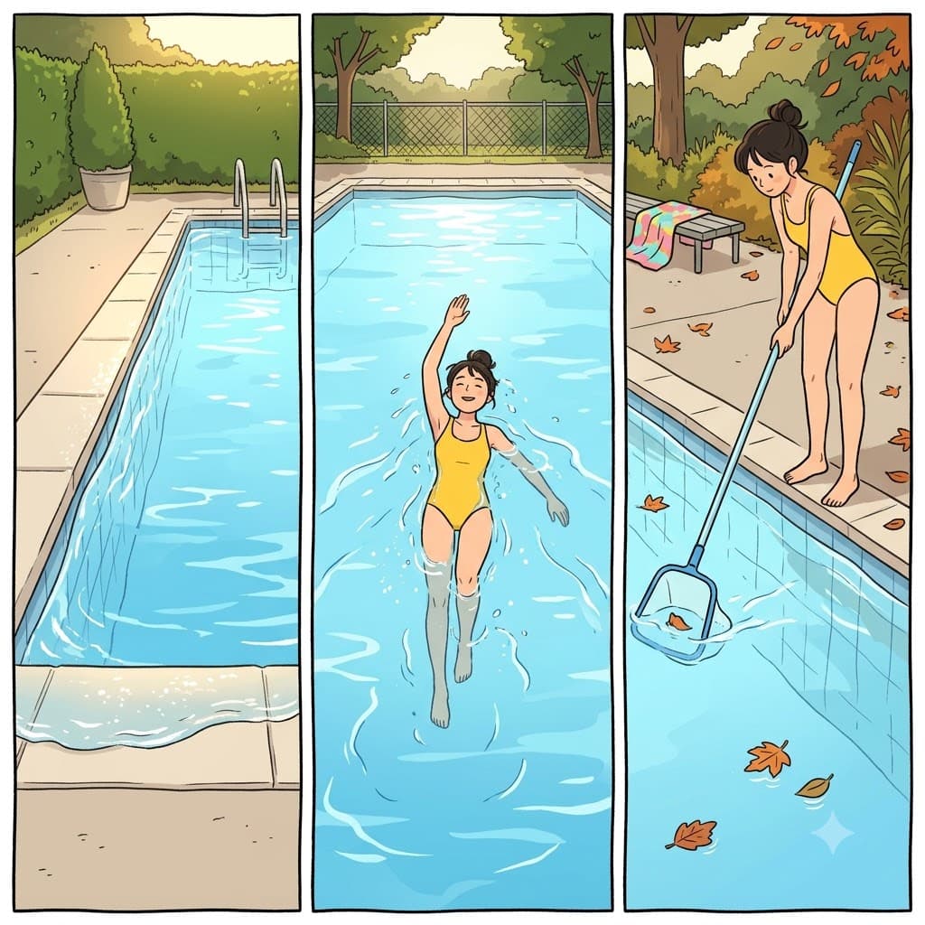 With the water filled to the brim, she enjoyed a morning swim and used a net to skim the floating leaves.