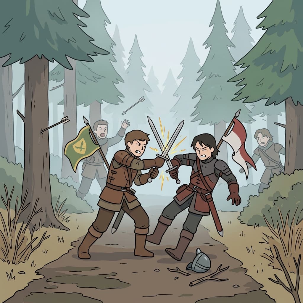 Two scouts had a brief skirmish near the forest edge before retreating.