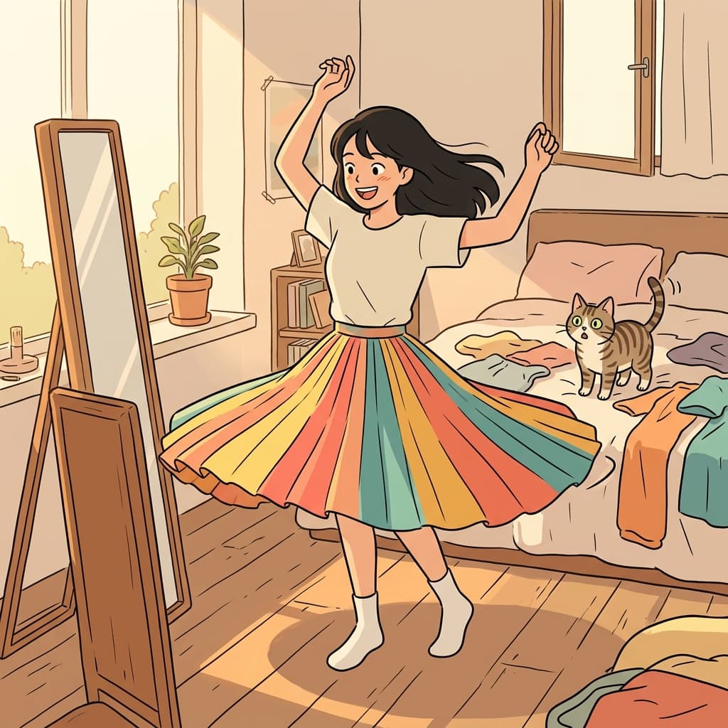 She twirled in her new skirt, watching it flare out like a flower.