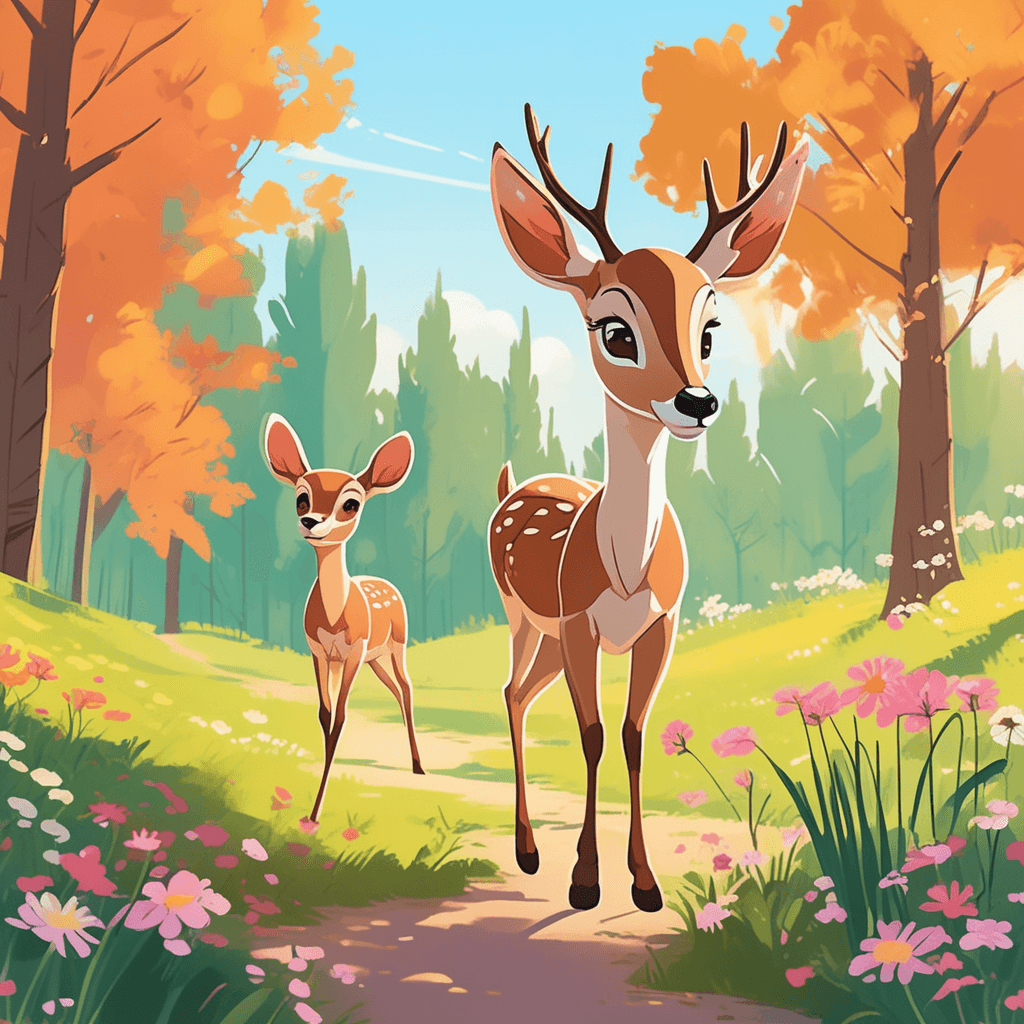 a graceful young deer grazes peacefully near a walking trail, ears alert and constantly moving. The deer's large eyes dart back and forth as it chews, showing constant awareness of its surroundings. Suddenly, two friendly hikers emerge from behind nearby trees, making soft rustling sounds with their footsteps. The deer immediately freezes, then springs backward in a startled jump, ready to bolt away at any moment. The hikers stop and watch carefully, recognizing the deer's nervous energy. One hiker slowly raises a hand in a gentle gesture while maintaining distance. the deer being easily frightened and made nervous by the slightest disturbance