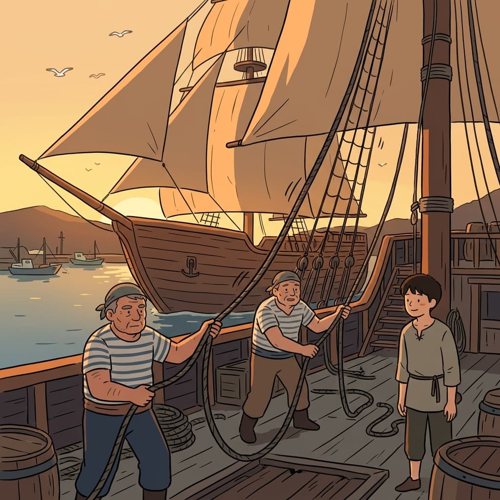 The sailors slacken the ropes as the ship enters calmer waters.