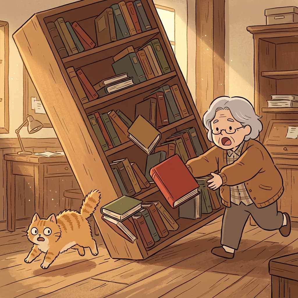 The old bookshelf started to slant dangerously after the earthquake.