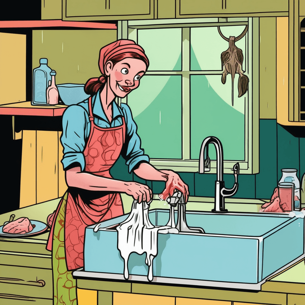 The butcher's daughter washes with water after slaughter.