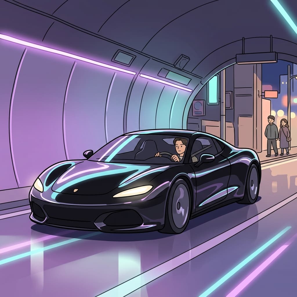 The sleek sports car glides silently through the neon-lit tunnel.