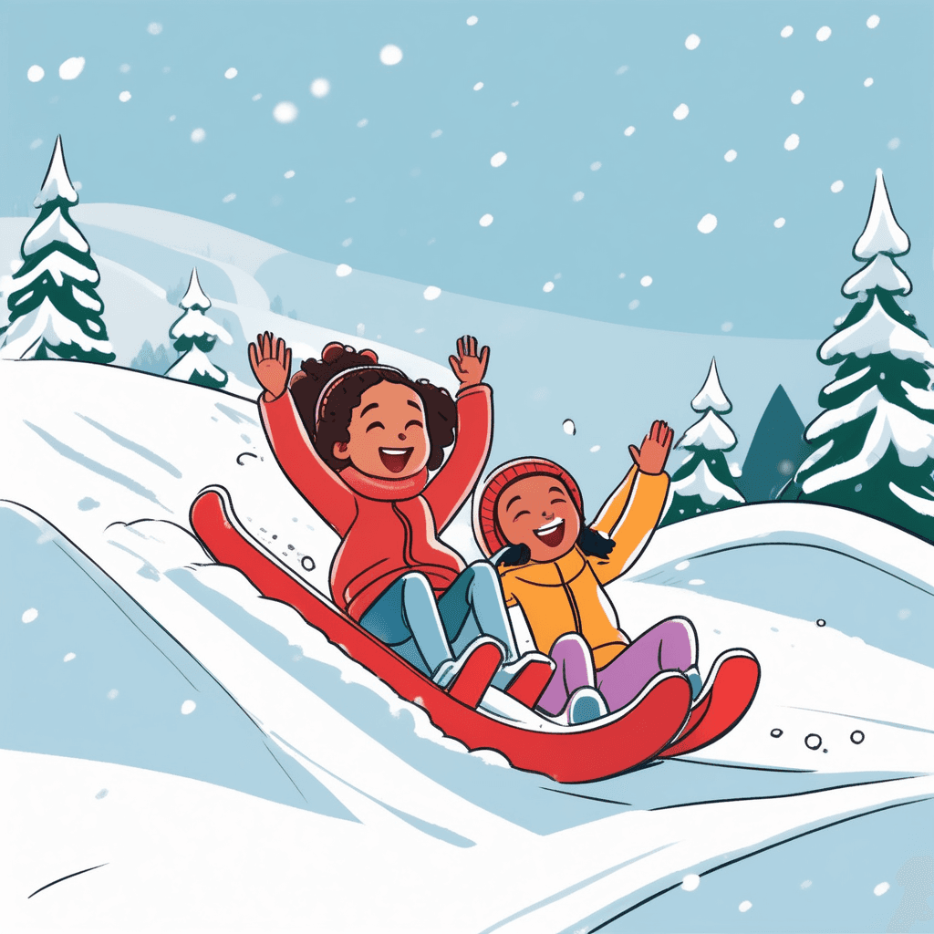 a child sits on a wooden sled moving smoothly down the snowy slope while maintaining contact with the ground. The sled glides effortlessly across the white surface as snow sprays gently from both sides. The child's scarf flows behind them as they pick up speed going downhill. Other children at the top of the hill wait their turn with their own sleds. Parents watch from nearby as more kids prepare to follow the same path down. moving smoothly across a surface while maintaining contact with it