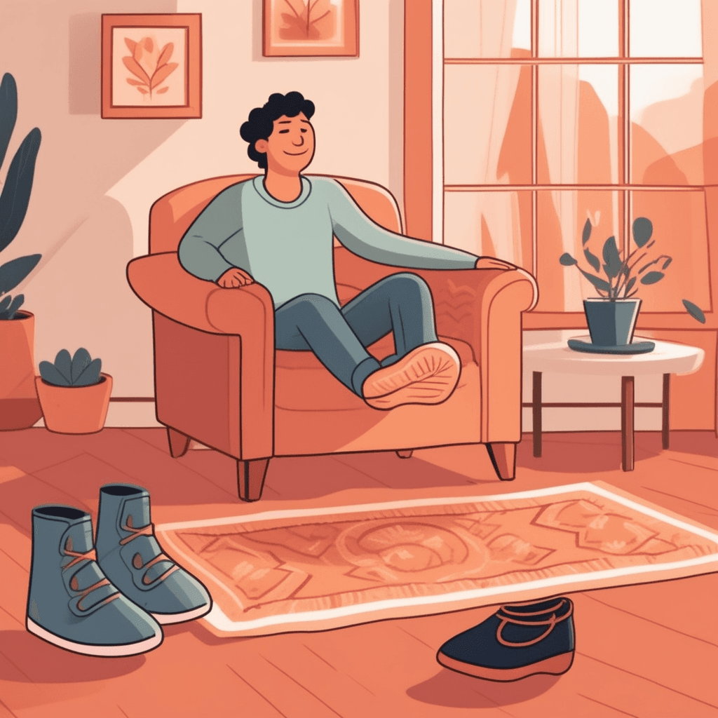 a person sits on the edge of a comfortable armchair reaching down to slip their feet into soft, cushioned house shoes. They wiggle their toes as the loose-fitting shoes slide on easily over their socks. After walking around the house in stiff work boots all day, their feet immediately relax into the plush interior. A family member nearby also wears similar comfortable indoor shoes while reading a book. loose, comfortable shoes worn indoors.