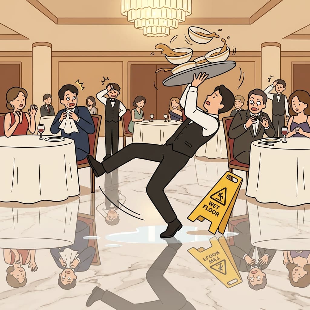 The waiter slipped on the slippery marble floor, sending soup flying everywhere.