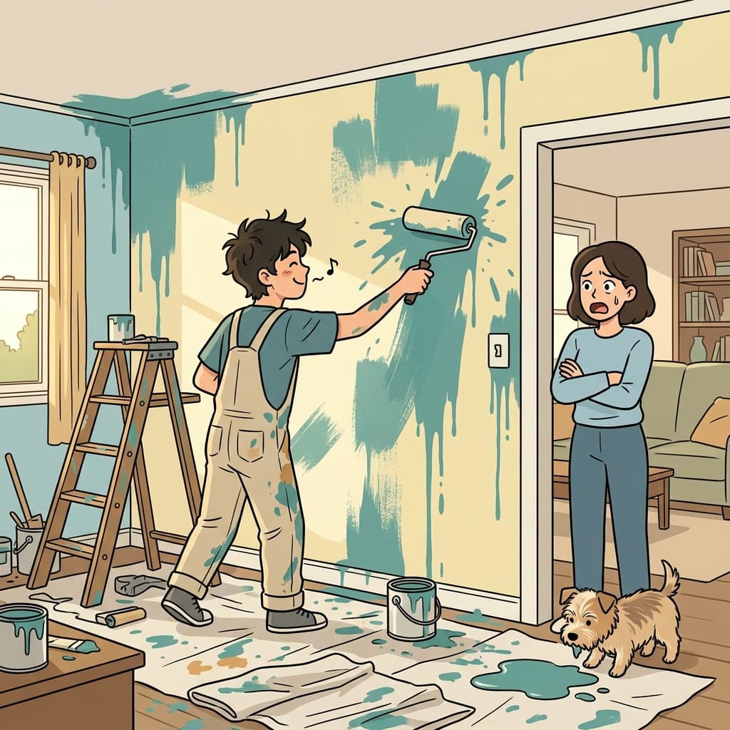 His slipshod paint job left drips and missed spots all over the wall.
