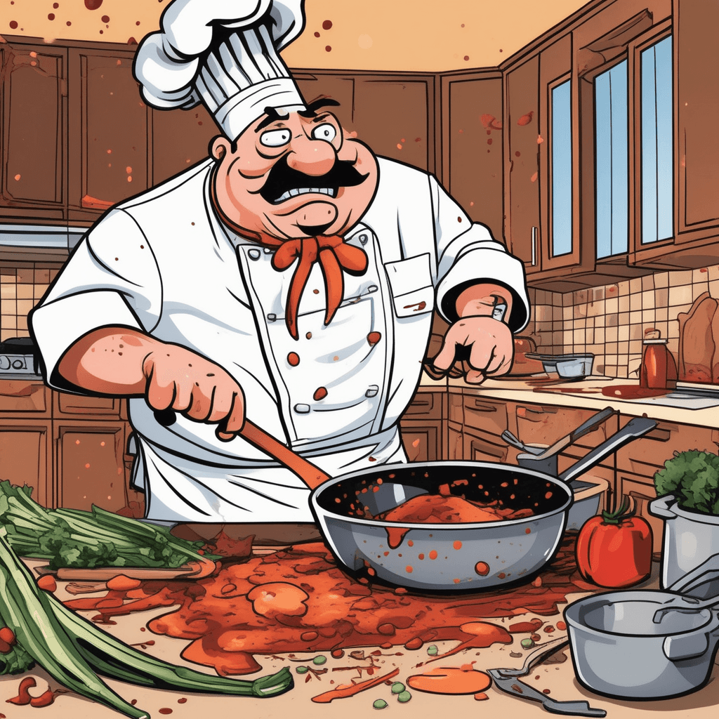 Sloppy chef with floppy hat makes choppy cuts!
