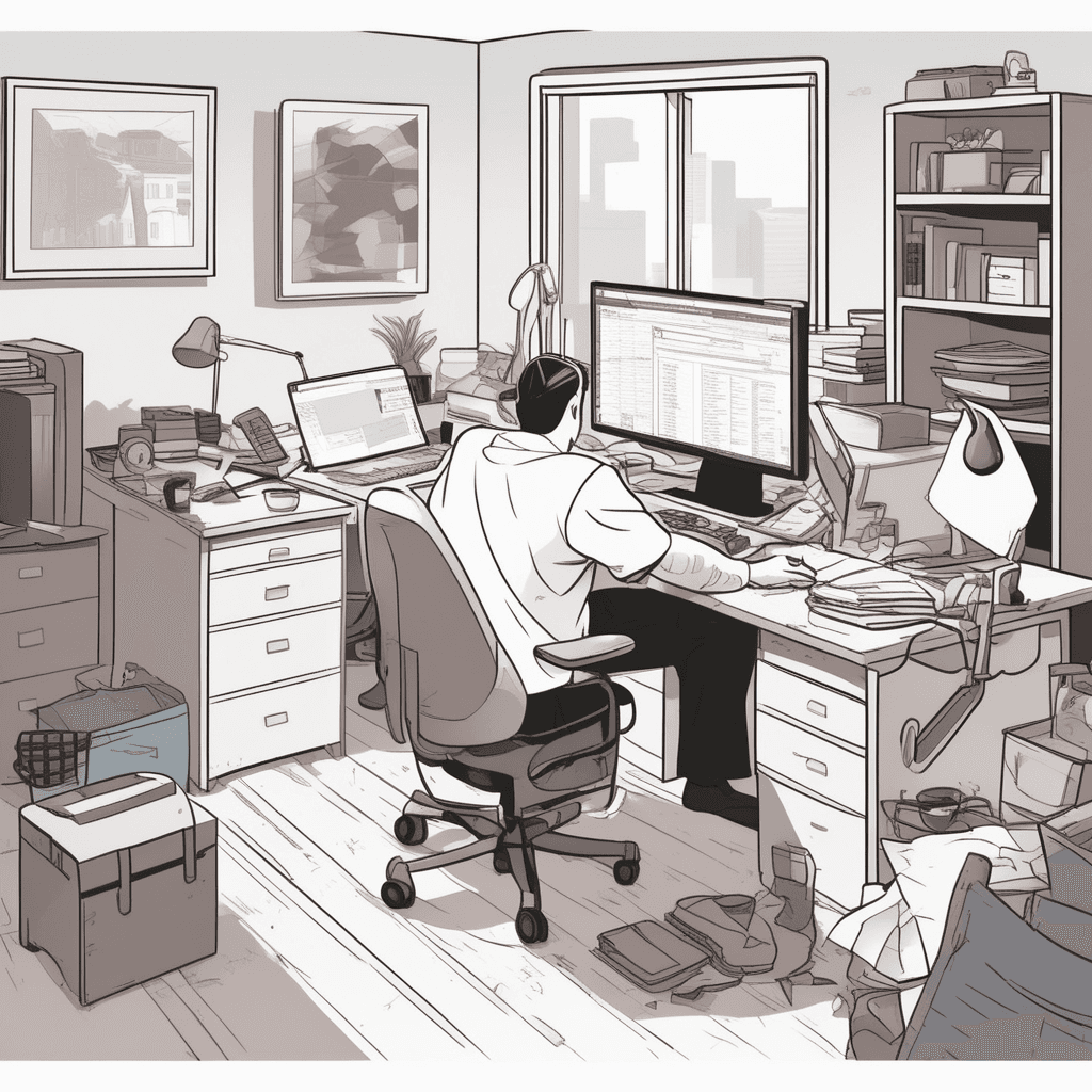 a person in pajamas sleeps deeply in their office chair while their computer screen shows urgent emails piling up. Their feet are propped up on the desk surrounded by empty snack bags and unwashed dishes. Meanwhile, their stressed coworker stands nearby holding a stack of important documents that need attention. The coworker looks frustrated and points at a wall clock showing it's already afternoon. Dirty laundry spills out of a basket in the corner while the phone rings ignored on the messy desk. a person who is habitually lazy and avoids work