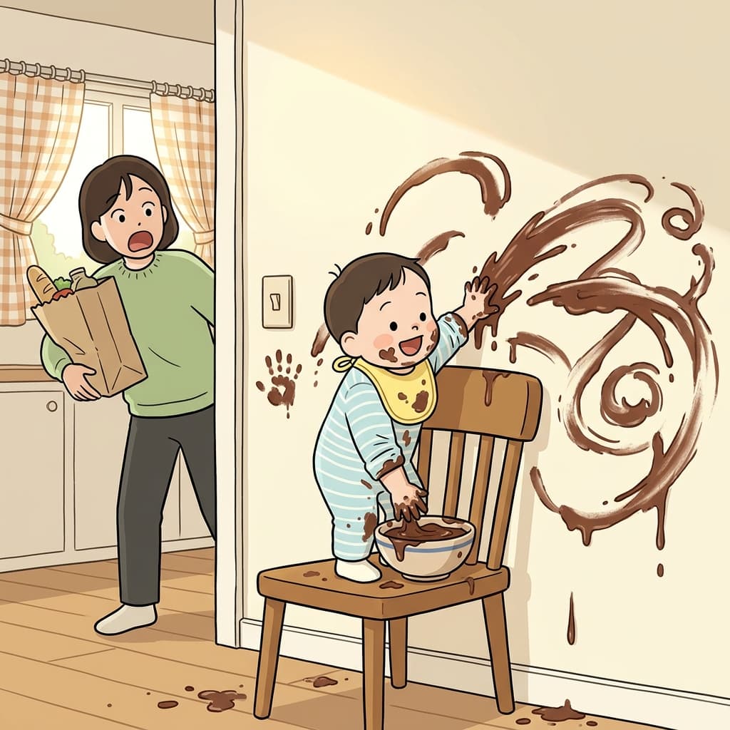 The toddler decided to smear chocolate pudding all over the kitchen wall.